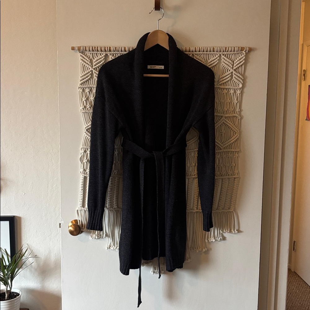 Black & gray knit long cardigan with belt